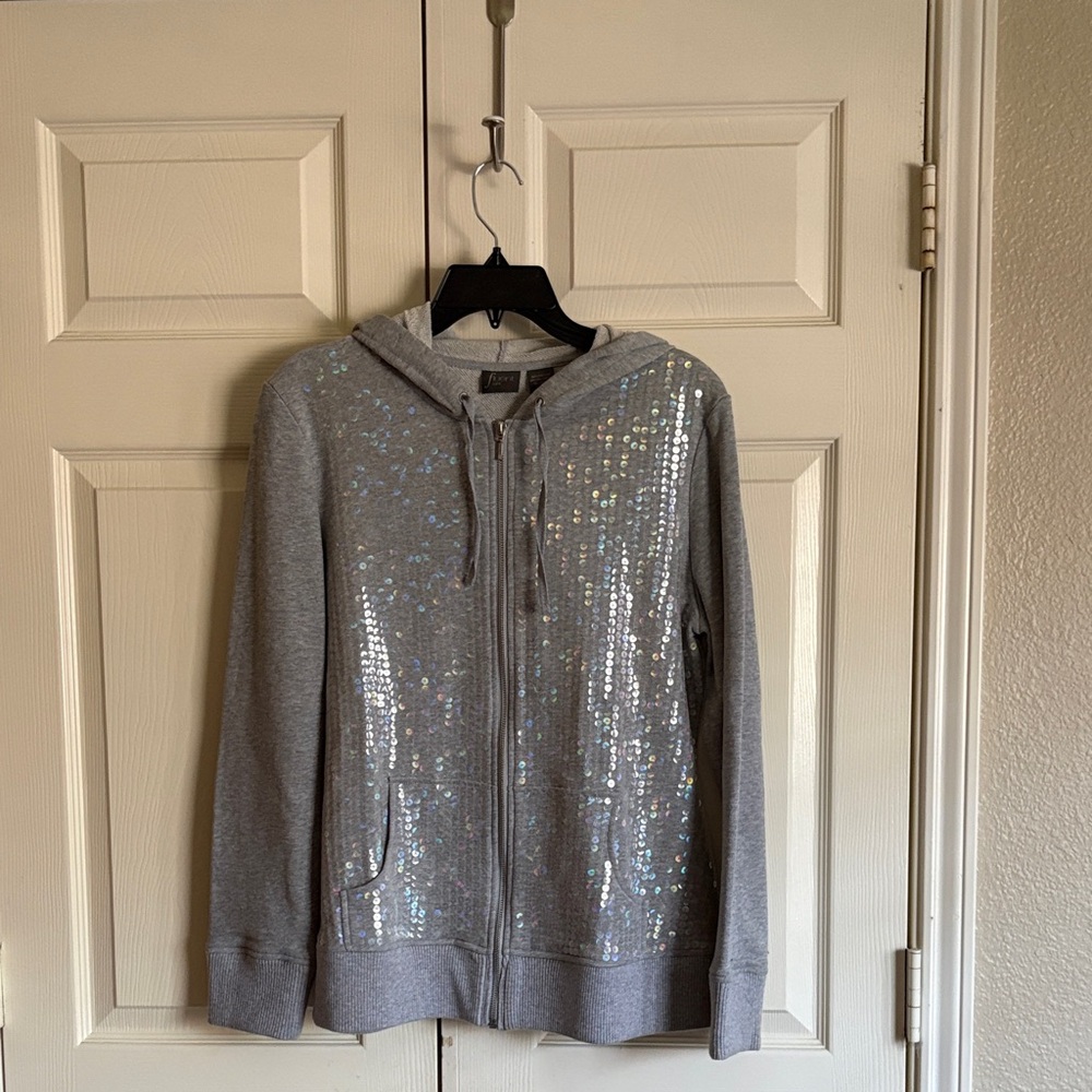 Fluent life Gray Sequin Zip-Up Hoodie- large